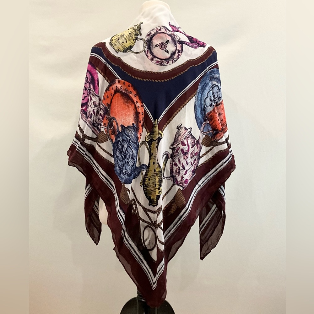 Teapot & Tea Set Print Scarf Shawl Colorful Vintage Tea Party Wrap